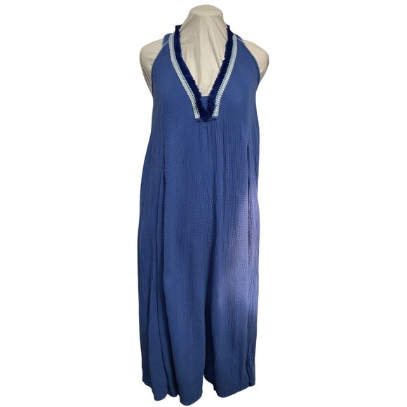 Magashoni Dresses & Skirts - Magashoni Blue Cotton Gauze Sundress With Fringe V-Neckline Size S